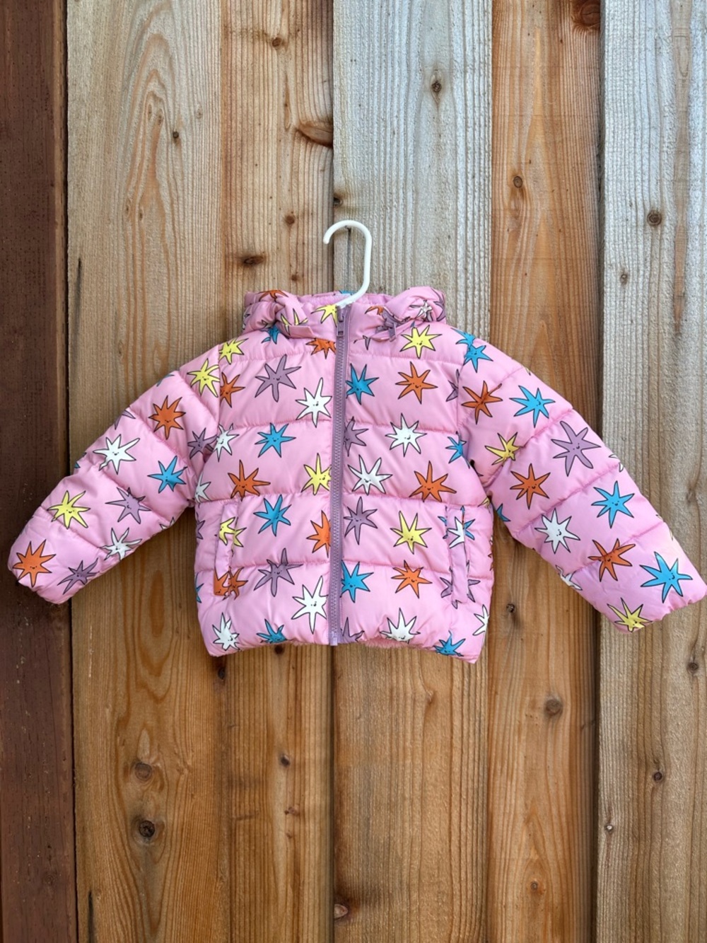 Stella McCartney Kids Star Print Puffer Jacket 24M Pink Hooded Coat